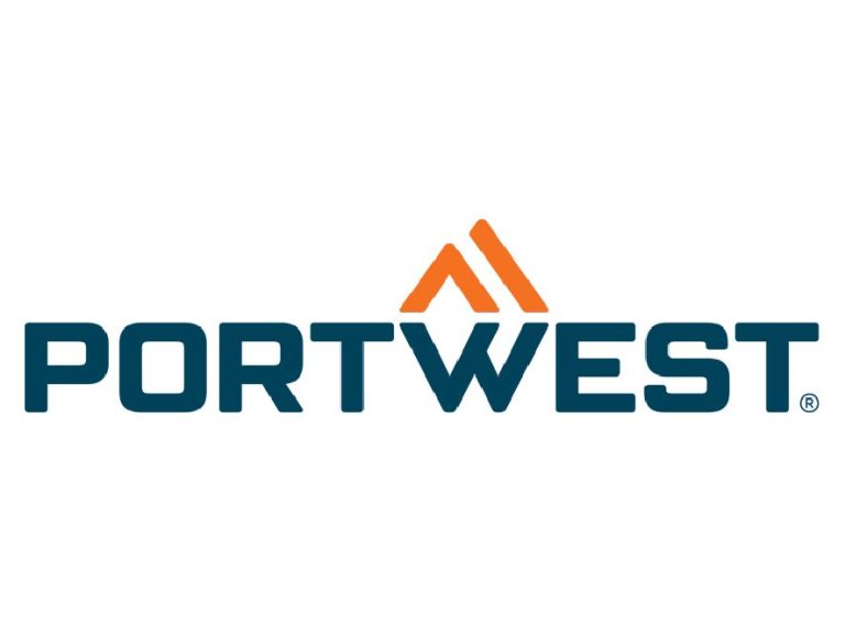 Portwest Logo Portwest logo featuring the brand name in blue with an orange mountain symbol.